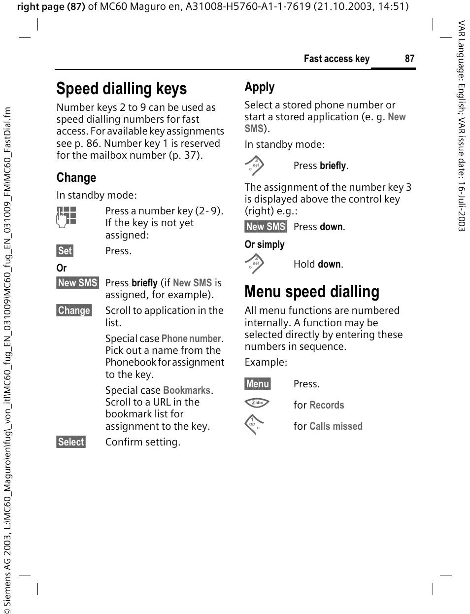 Speed dialling keys, Menu speed dialling, Change | Apply | Siemens MC60 User Manual | Page 88 / 118