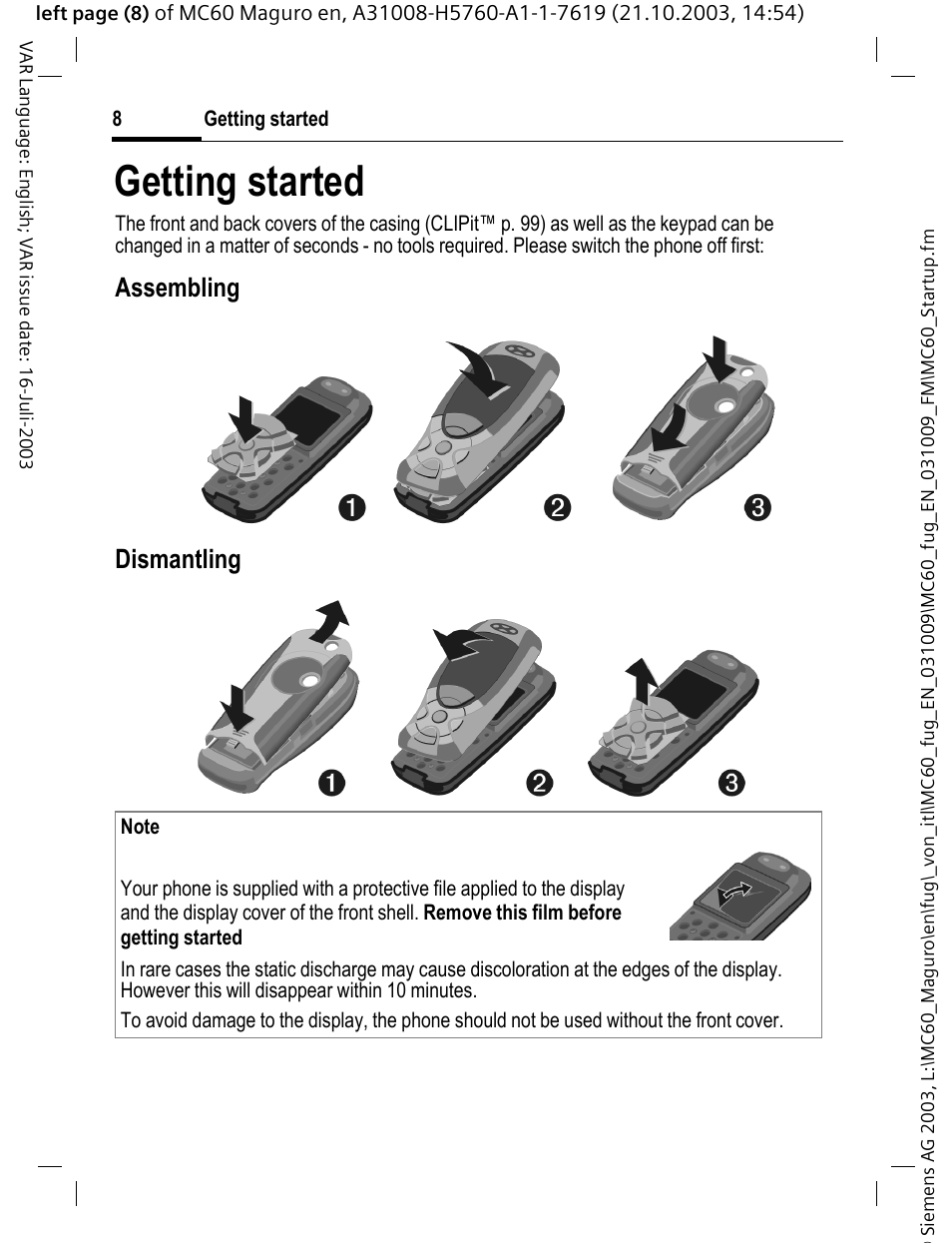 Getting started, Assembling dismantling | Siemens MC60 User Manual | Page 9 / 118