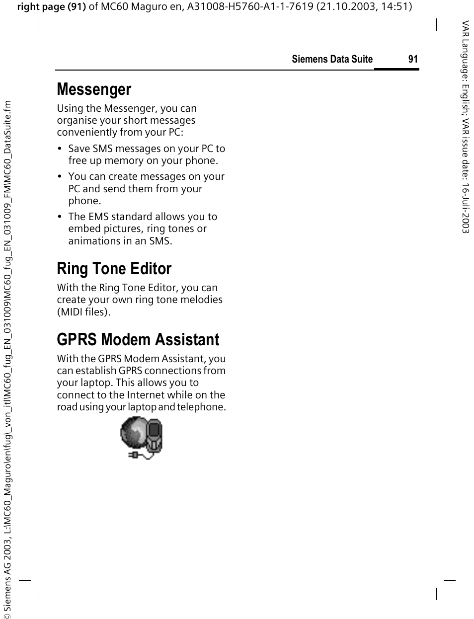 Messenger, Ring tone editor, Gprs modem assistant | Siemens MC60 User Manual | Page 92 / 118