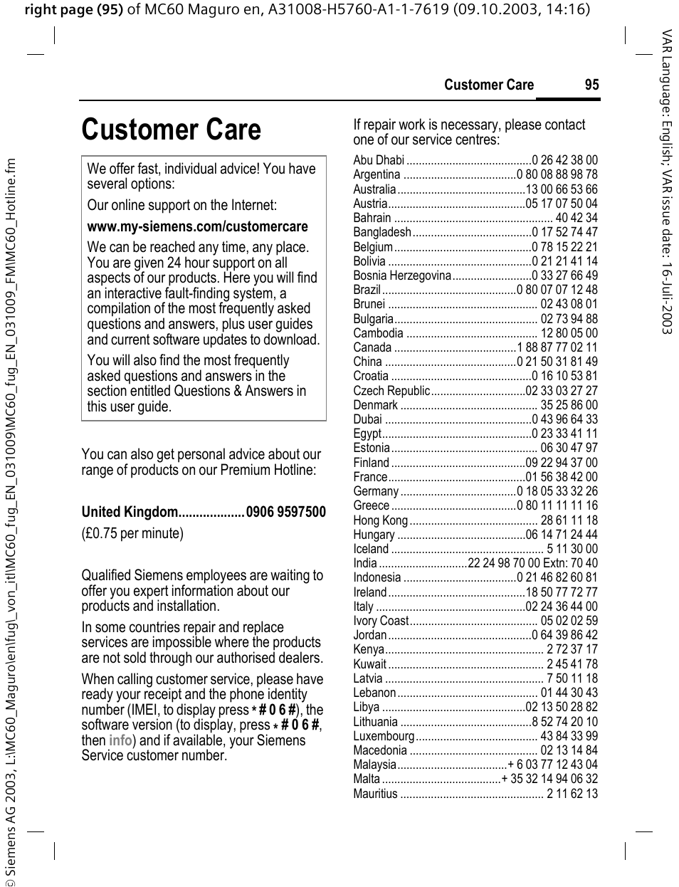Customer care, Ice (p. 95), Ens service (p. 95) | Siemens MC60 User Manual | Page 96 / 118