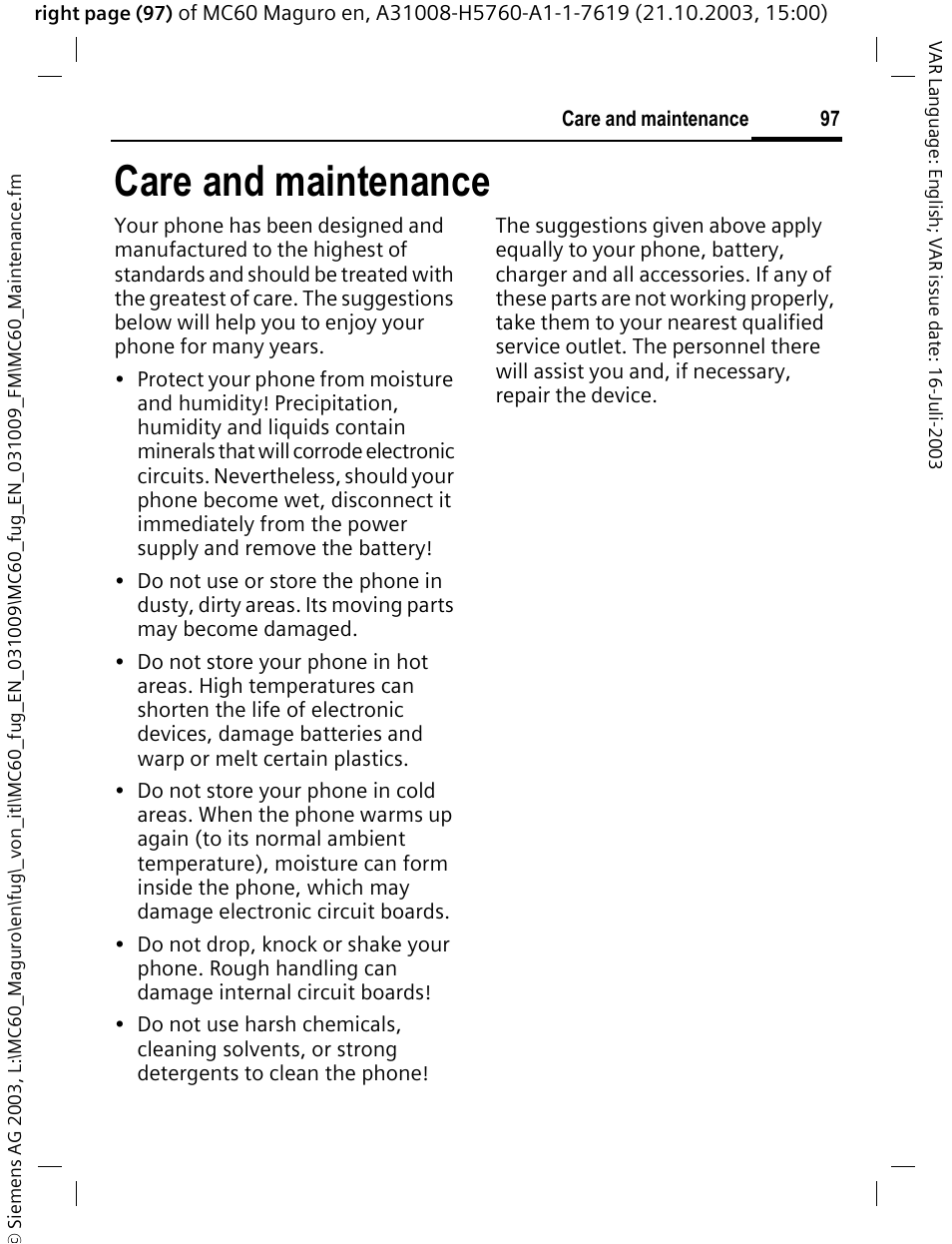 Care and maintenance | Siemens MC60 User Manual | Page 98 / 118