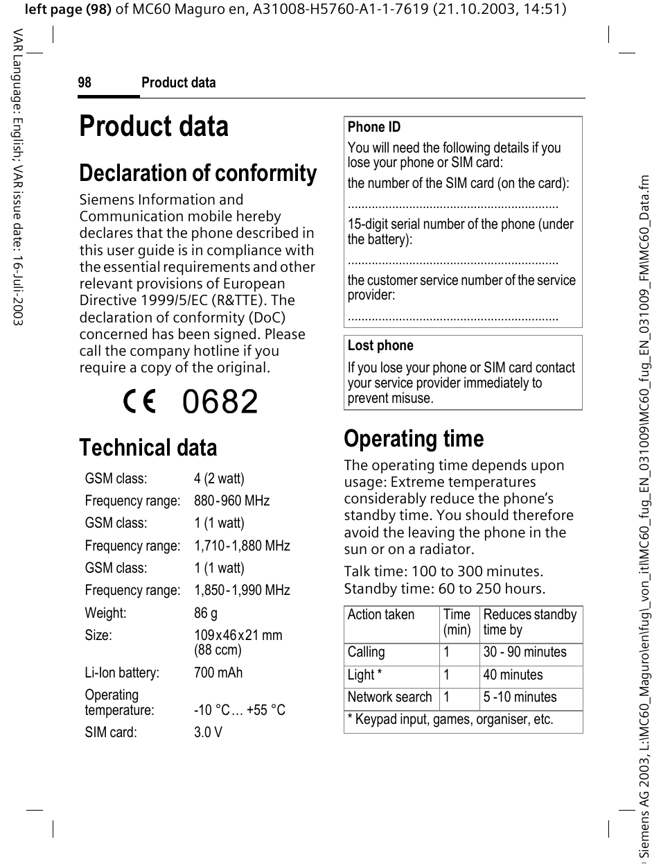 Product data, Declaration of conformity, Technical data | Operating time | Siemens MC60 User Manual | Page 99 / 118