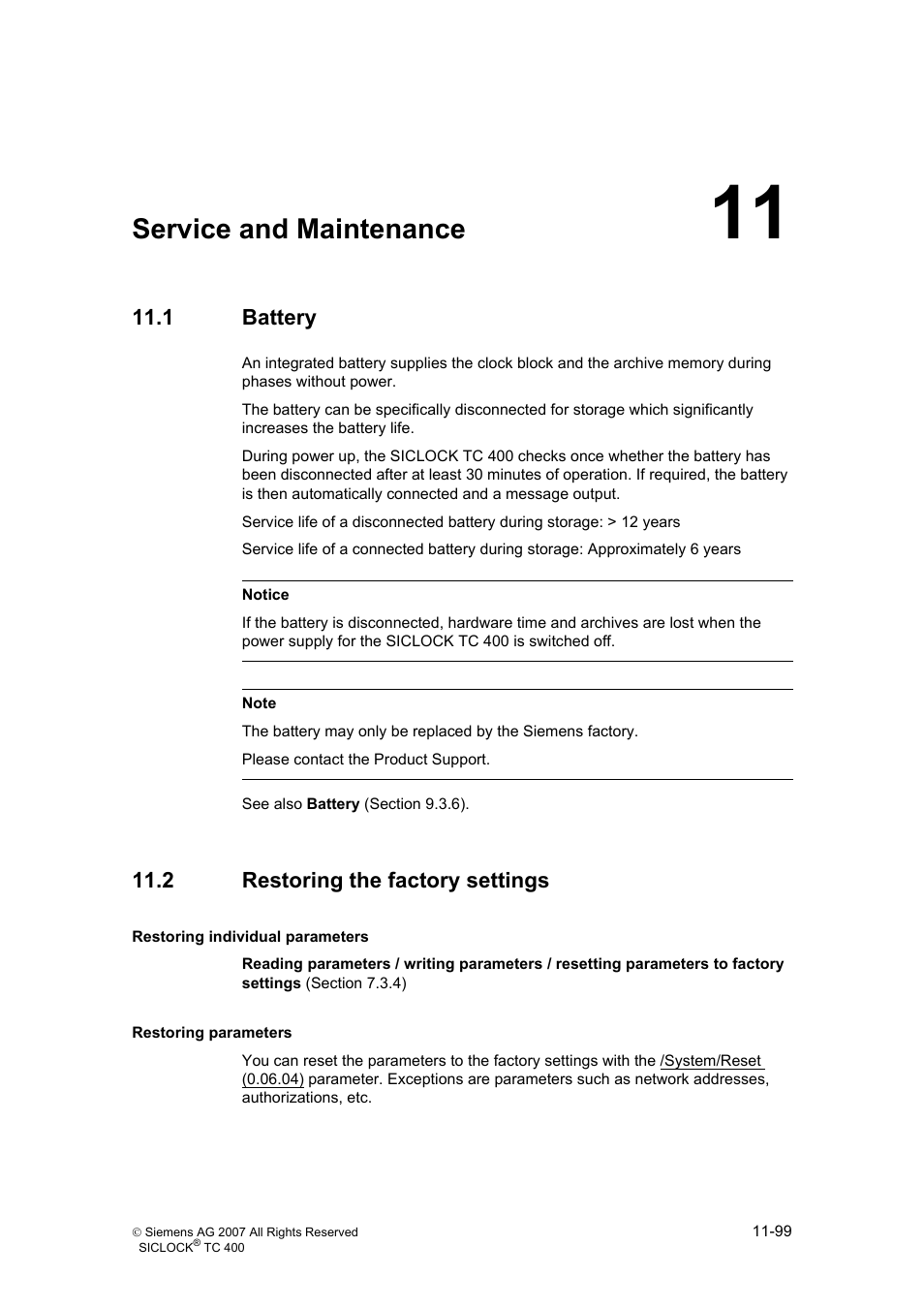 11 service and maintenance, 1 battery, 2 restoring the factory settings | Service and maintenance, Battery, Restoring the factory settings | Siemens SICLOCK TC 400 User Manual | Page 101 / 134