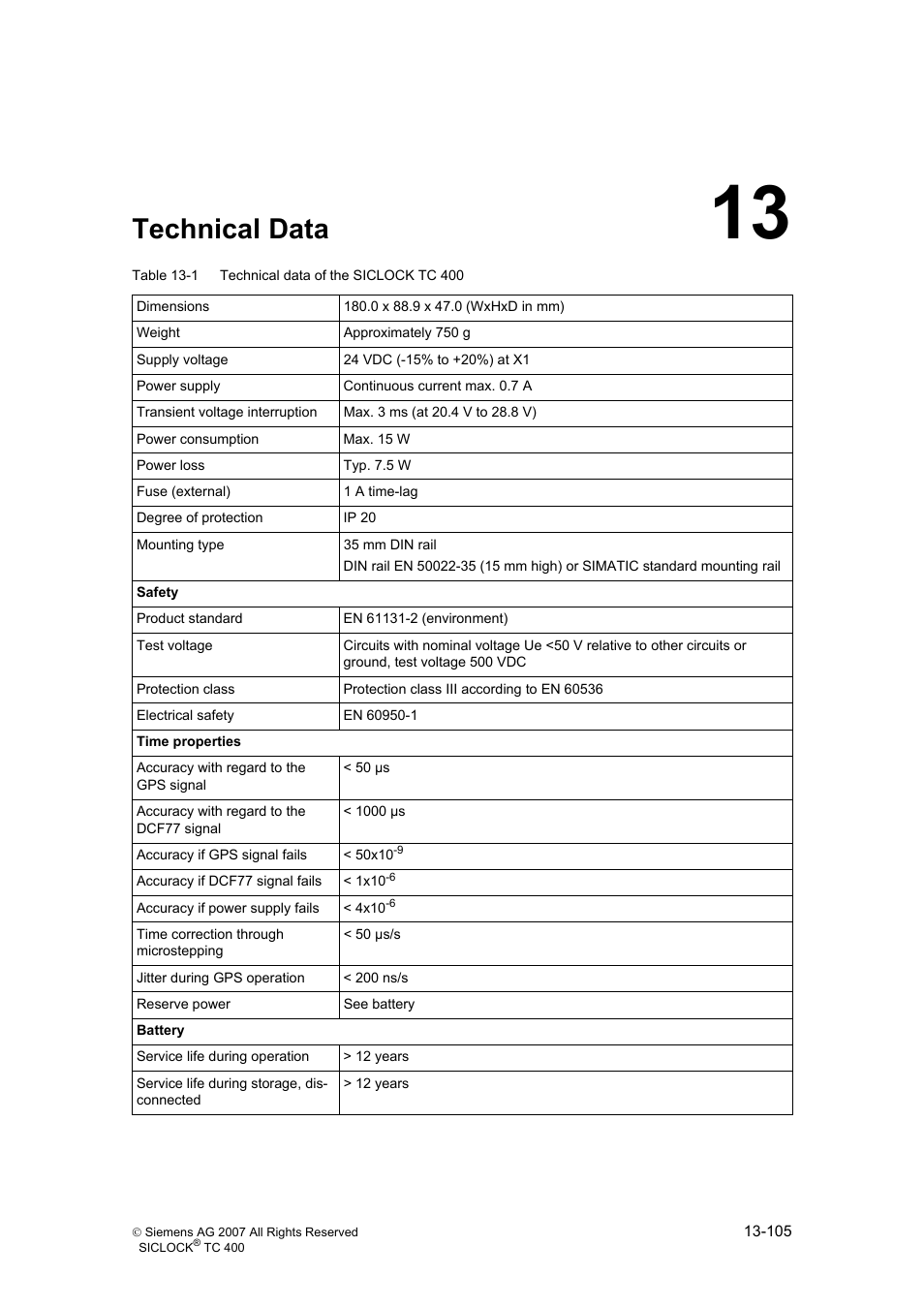 13 technical data, Technical data | Siemens SICLOCK TC 400 User Manual | Page 107 / 134