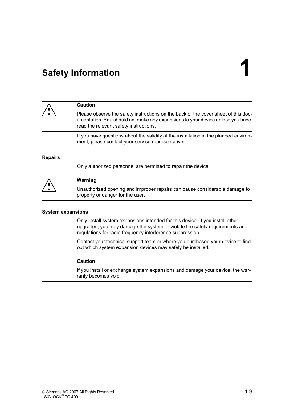 1 safety information, Safety information | Siemens SICLOCK TC 400 User Manual | Page 11 / 134