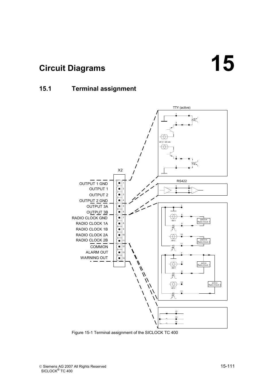 15 circuit diagrams, 1 terminal assignment, Circuit diagrams | Terminal assignment, Terminal assignment (section 15.1) | Siemens SICLOCK TC 400 User Manual | Page 113 / 134