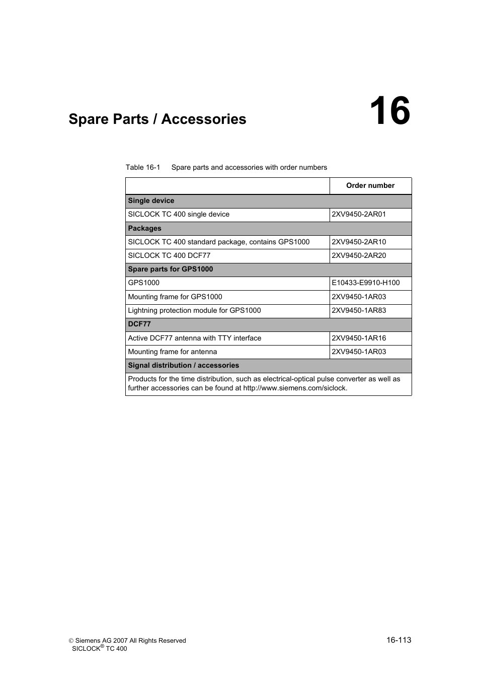 16 spare parts / accessories, Spare parts / accessories | Siemens SICLOCK TC 400 User Manual | Page 115 / 134