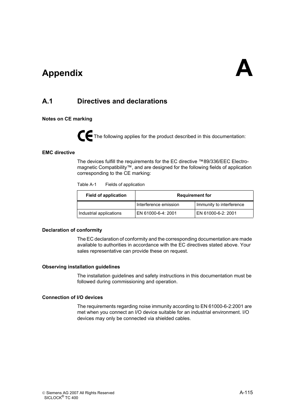 Appendix a, A.1 directives and declarations, Appendix | Directives and declarations, A-115 | Siemens SICLOCK TC 400 User Manual | Page 117 / 134