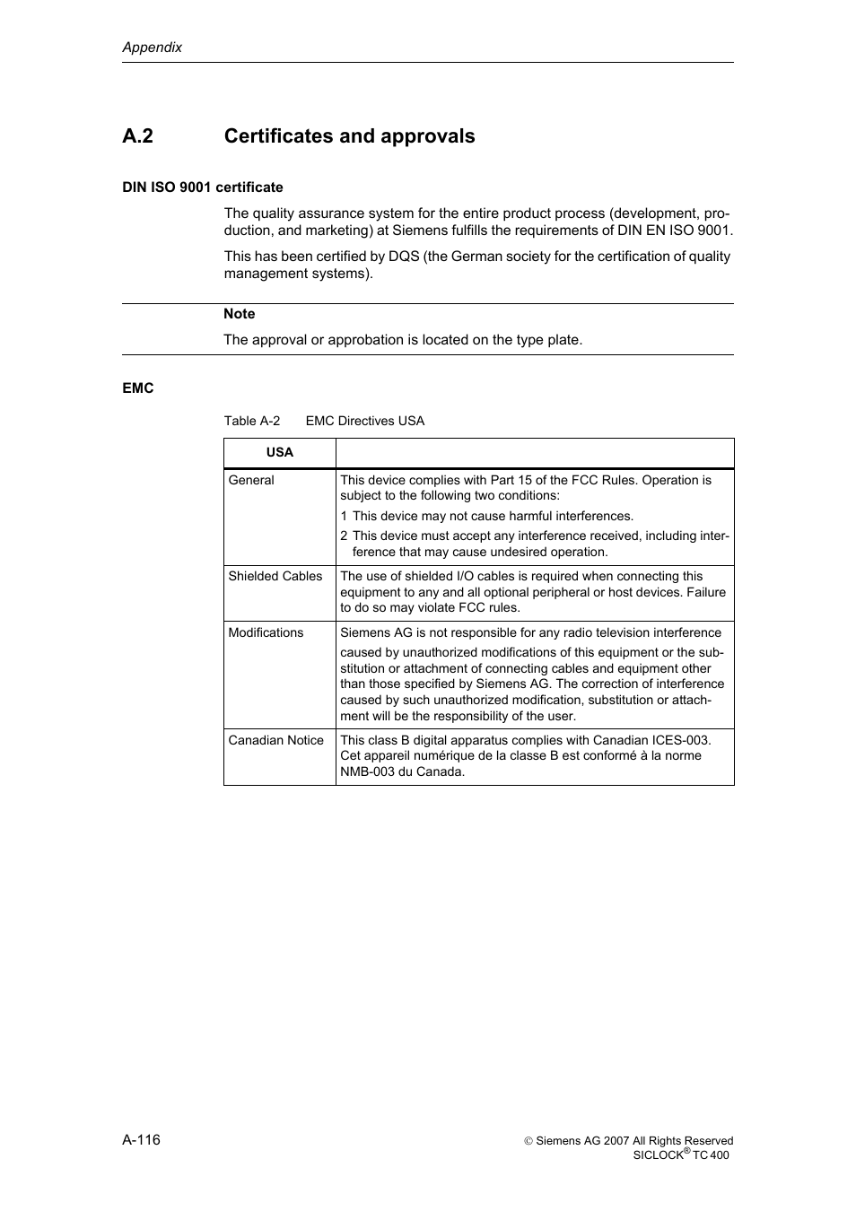 A.2 certificates and approvals, Certificates and approvals, A-116 | Siemens SICLOCK TC 400 User Manual | Page 118 / 134