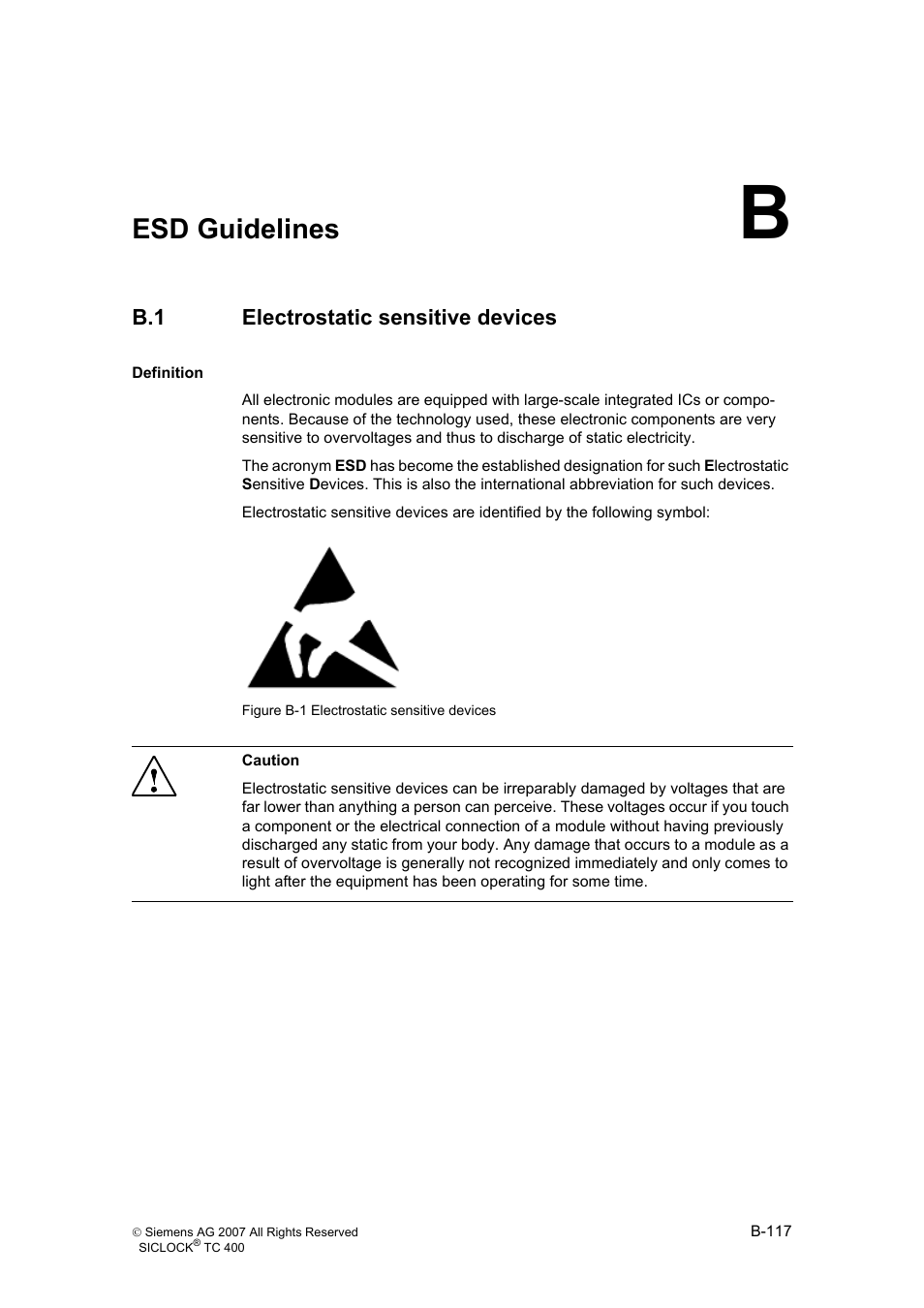 Esd guidelines b, B.1 electrostatic sensitive devices, Esd guidelines | Electrostatic sensitive devices, B-117 | Siemens SICLOCK TC 400 User Manual | Page 119 / 134