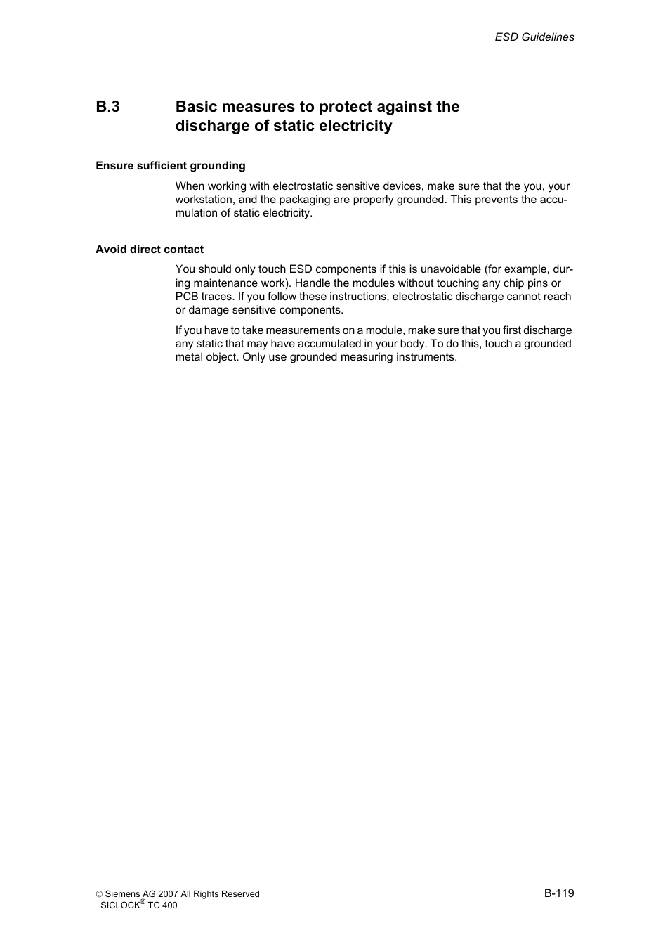 Basic measures to protect against the, Discharge of static electricity, B-119 | Siemens SICLOCK TC 400 User Manual | Page 121 / 134