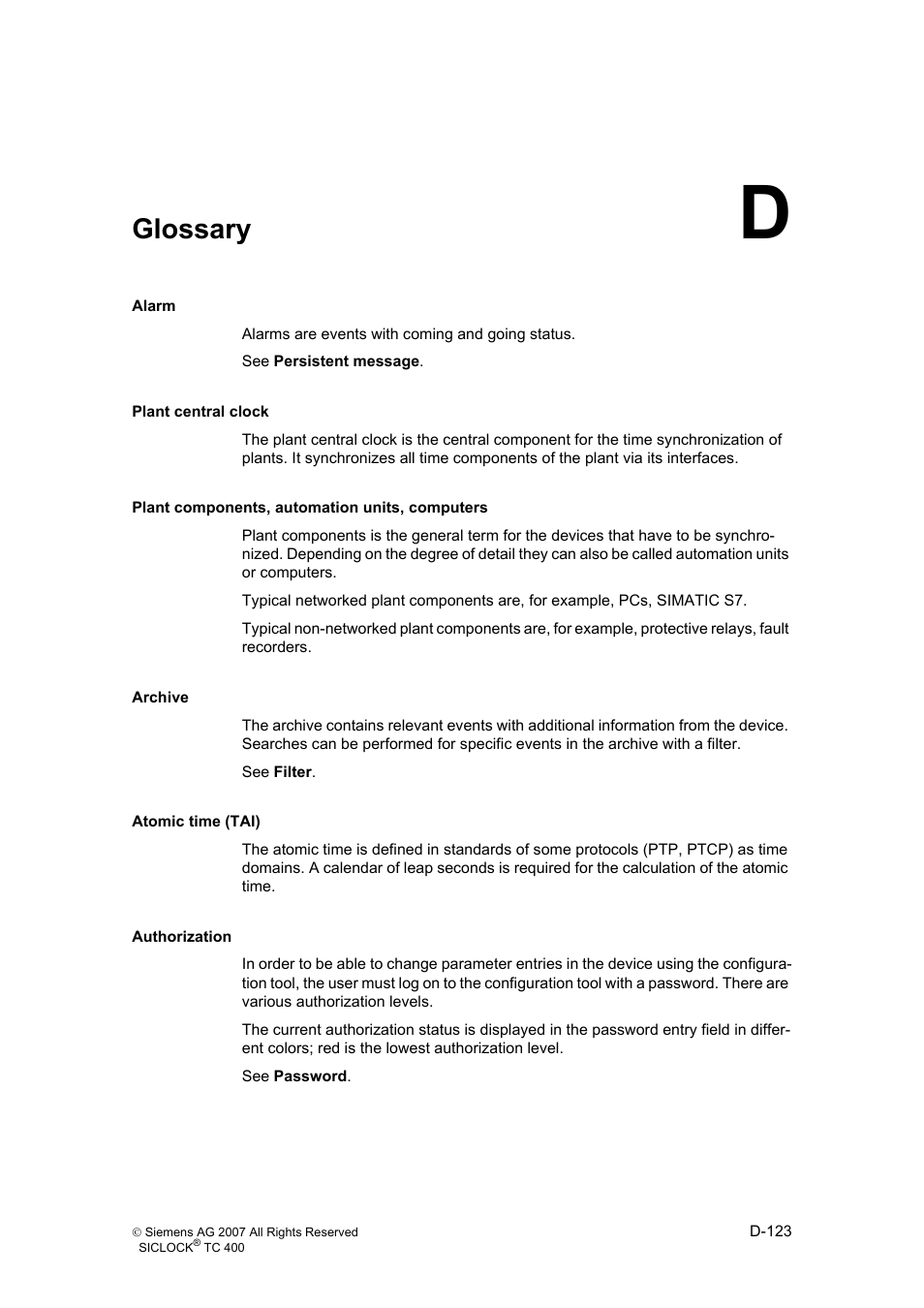 Glossary d, Glossary | Siemens SICLOCK TC 400 User Manual | Page 125 / 134