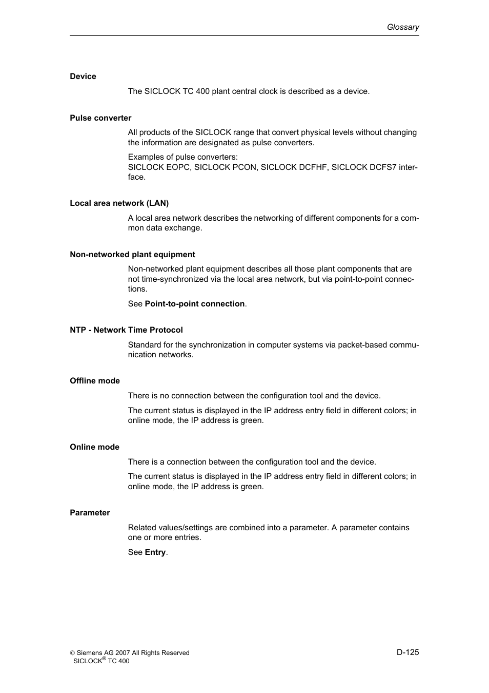 Parameter | Siemens SICLOCK TC 400 User Manual | Page 127 / 134