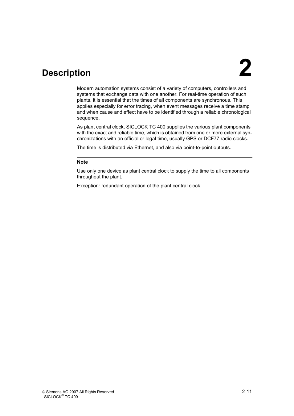 2 description, Description | Siemens SICLOCK TC 400 User Manual | Page 13 / 134