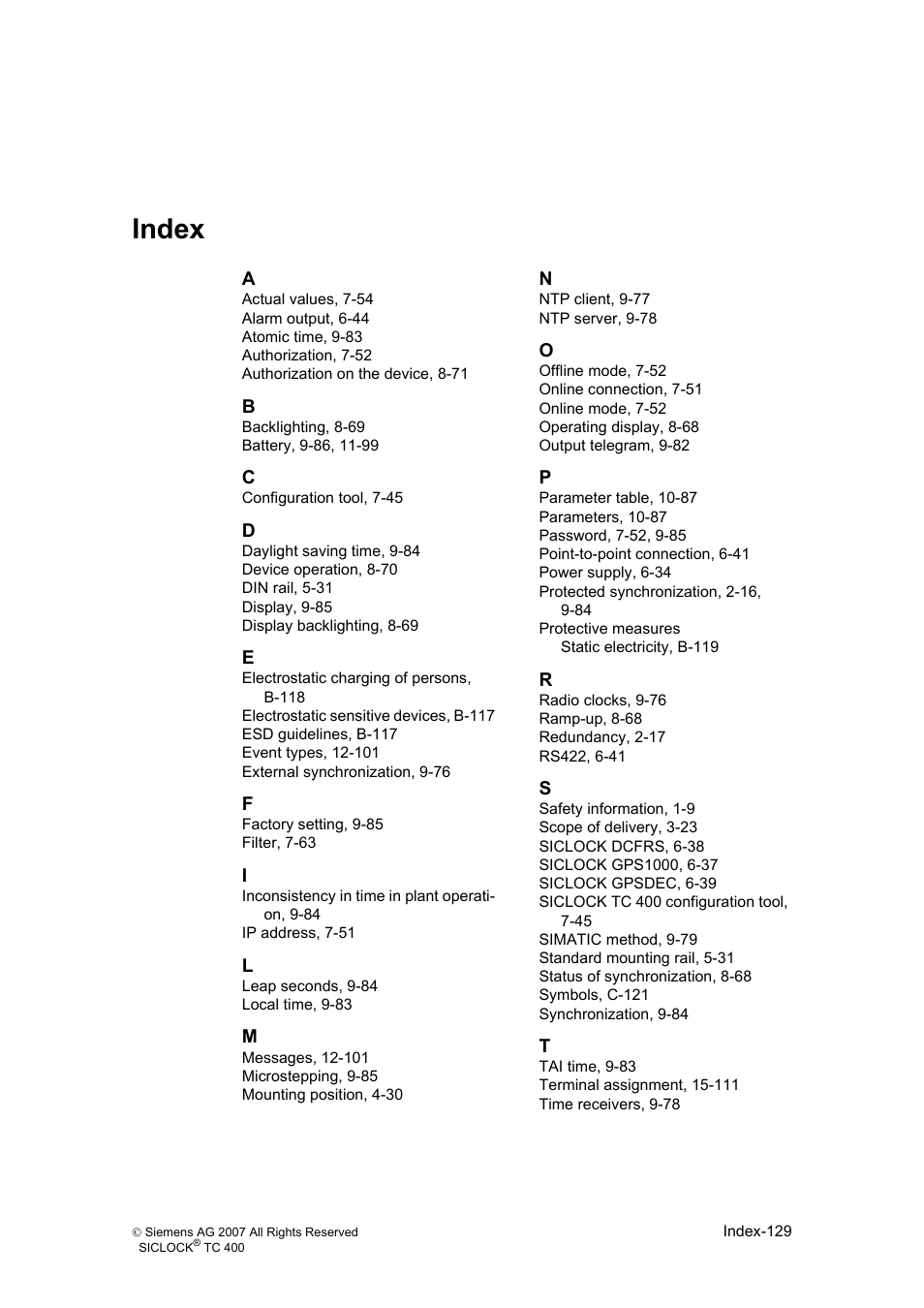 Index | Siemens SICLOCK TC 400 User Manual | Page 131 / 134