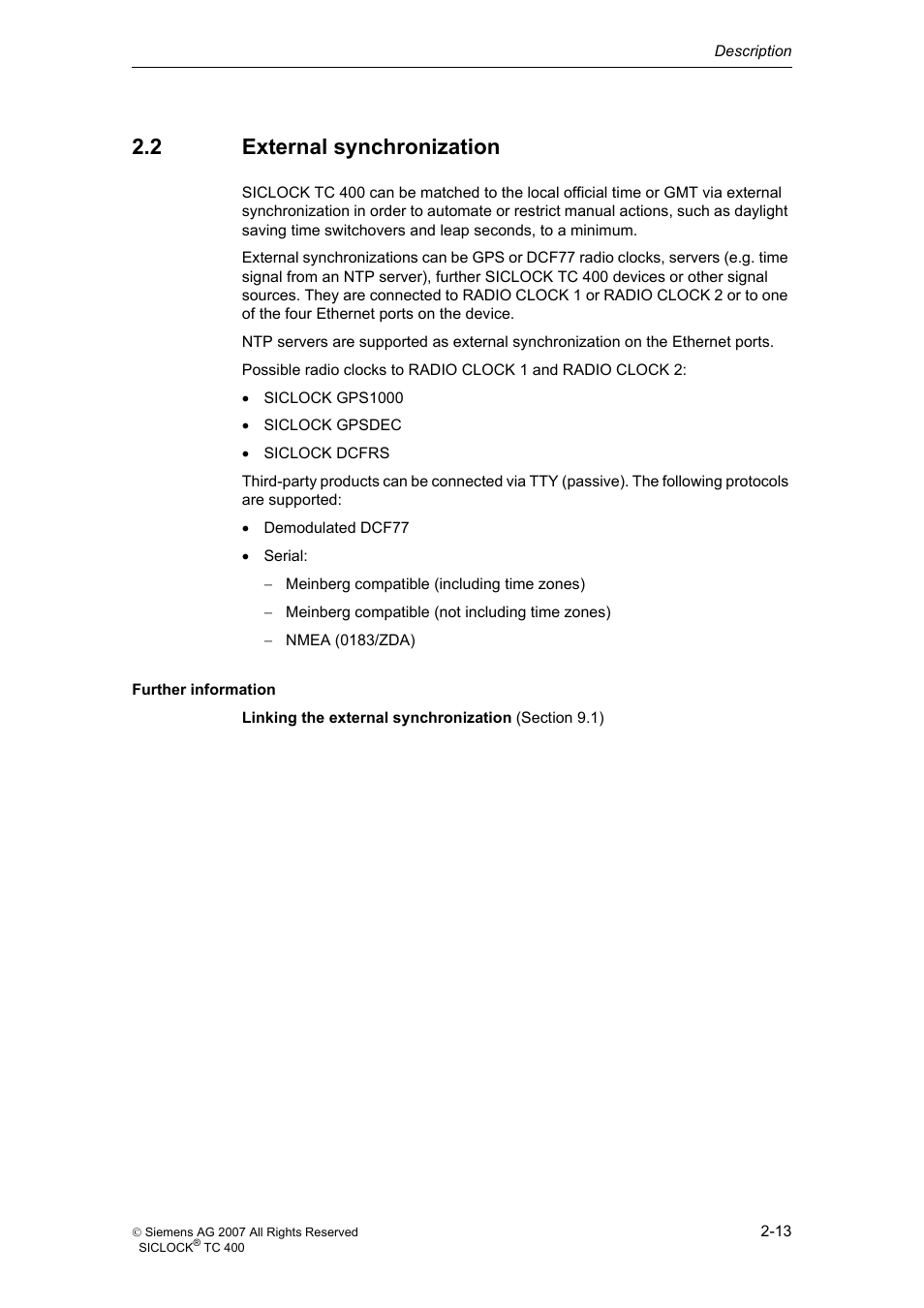 2 external synchronization, External synchronization | Siemens SICLOCK TC 400 User Manual | Page 15 / 134