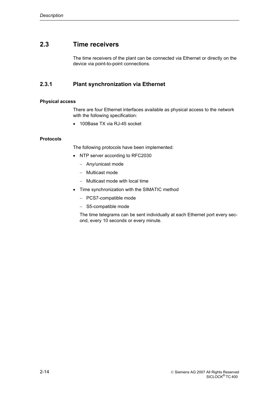 3 time receivers, 1 plant synchronization via ethernet, Time receivers | Plant synchronization via ethernet | Siemens SICLOCK TC 400 User Manual | Page 16 / 134