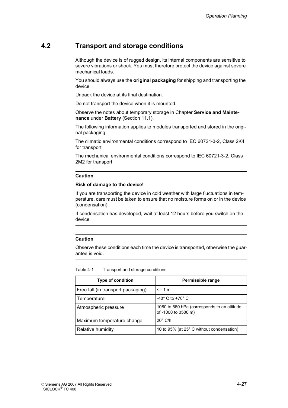 2 transport and storage conditions, Transport and storage conditions | Siemens SICLOCK TC 400 User Manual | Page 29 / 134