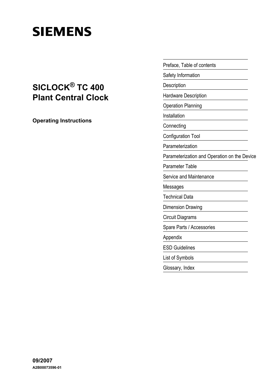 Siclock, Tc 400 plant central clock | Siemens SICLOCK TC 400 User Manual | Page 3 / 134