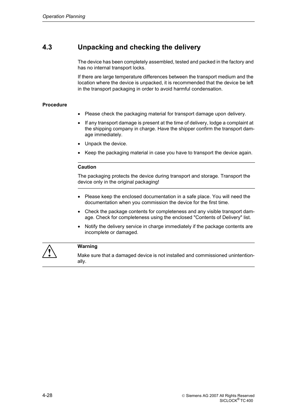 3 unpacking and checking the delivery, Unpacking and checking the delivery | Siemens SICLOCK TC 400 User Manual | Page 30 / 134