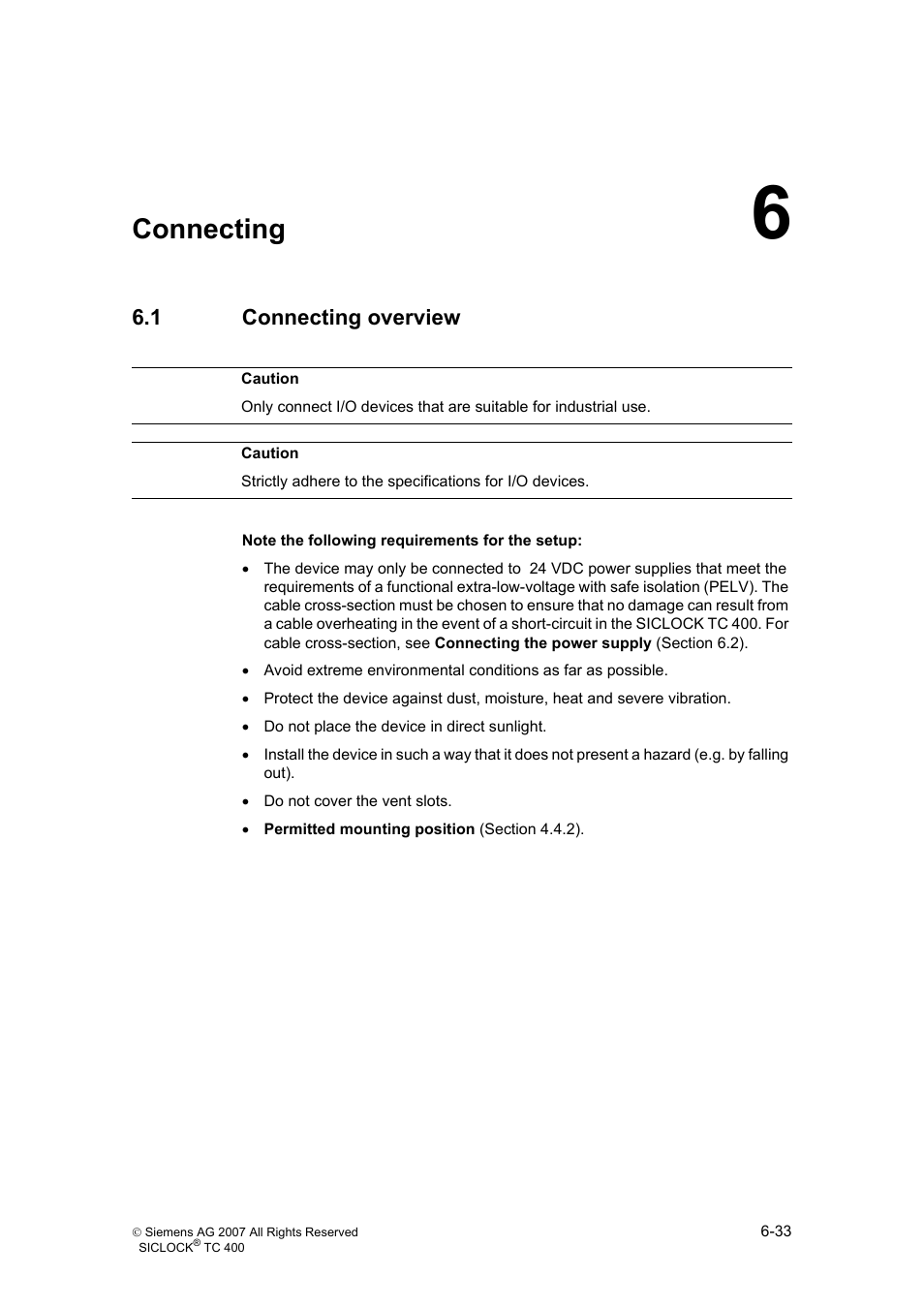 6 connecting, 1 connecting overview, Connecting | Connecting overview, Connecting (section 6) | Siemens SICLOCK TC 400 User Manual | Page 35 / 134