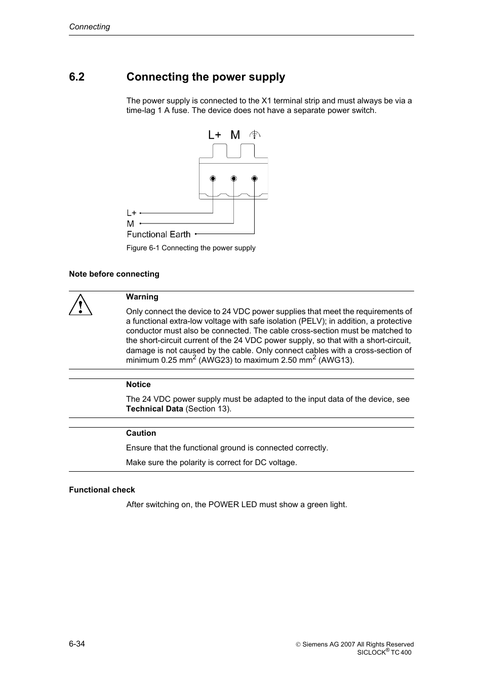 2 connecting the power supply, Connecting the power supply | Siemens SICLOCK TC 400 User Manual | Page 36 / 134