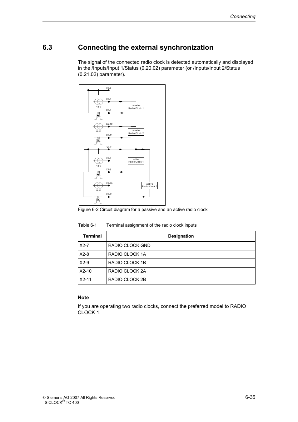 3 connecting the external synchronization, Connecting the external synchronization, Connecting 6-35 | Siemens SICLOCK TC 400 User Manual | Page 37 / 134