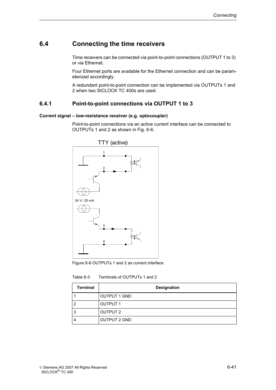 4 connecting the time receivers, 1 point-to-point connections via output 1 to 3, Connecting the time receivers | Point-to-point connections via output 1 to 3, 77< dfwlyh | Siemens SICLOCK TC 400 User Manual | Page 43 / 134