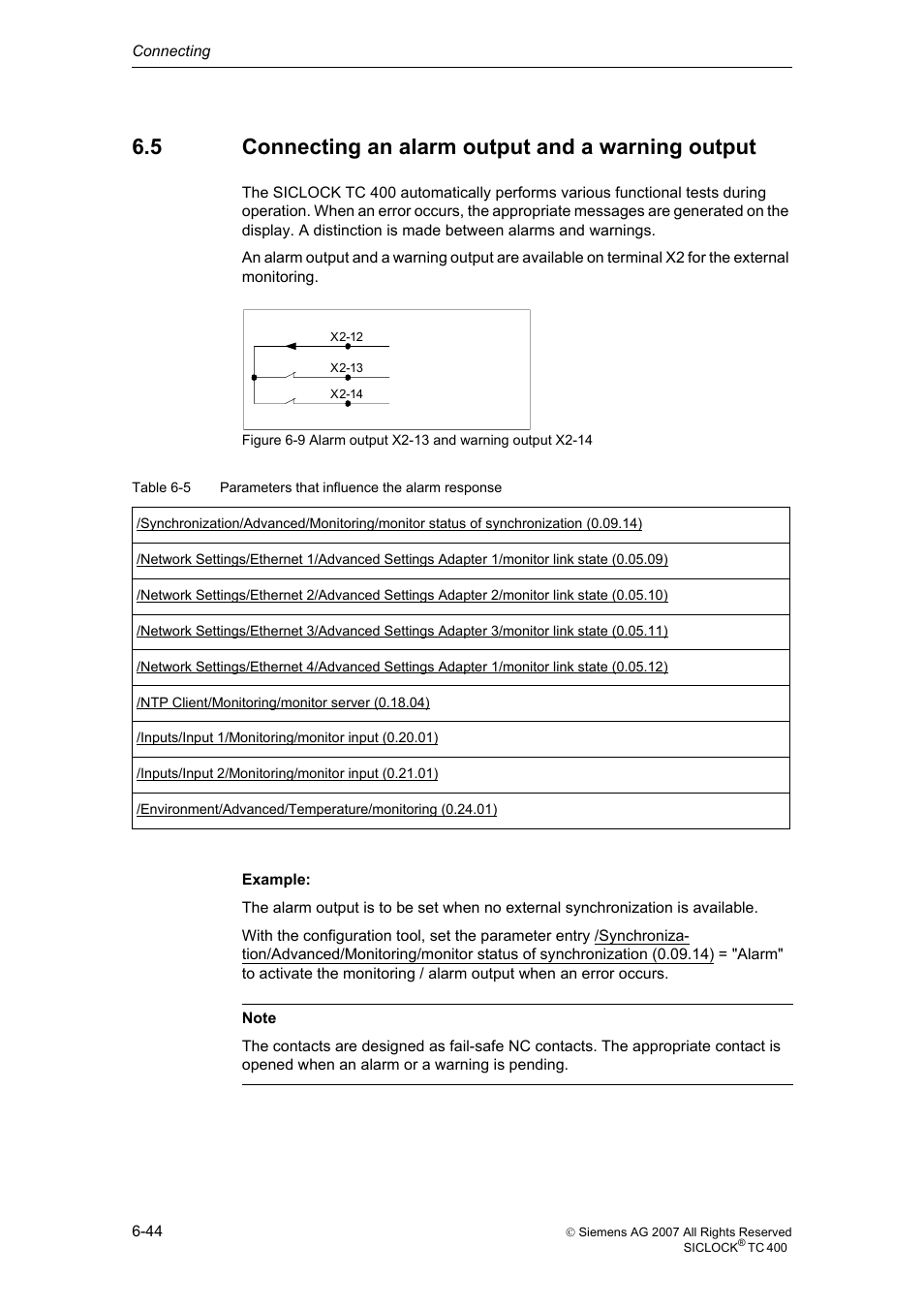 5 connecting an alarm output and a warning output, Connecting an alarm output and a warning output | Siemens SICLOCK TC 400 User Manual | Page 46 / 134