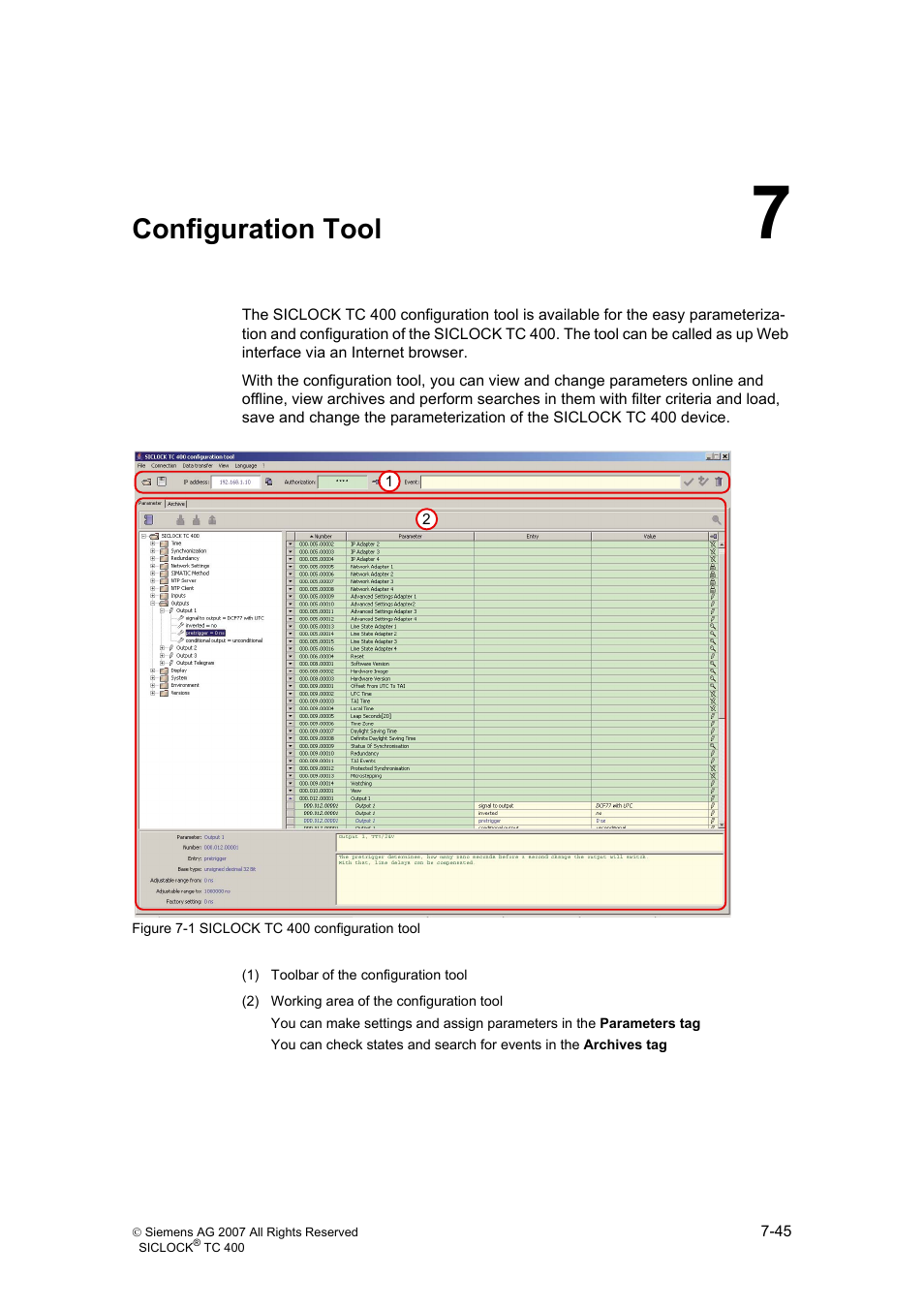 7 configuration tool, Configuration tool, Configuration tool (section 7) | Configuration tool (section 7) a | Siemens SICLOCK TC 400 User Manual | Page 47 / 134