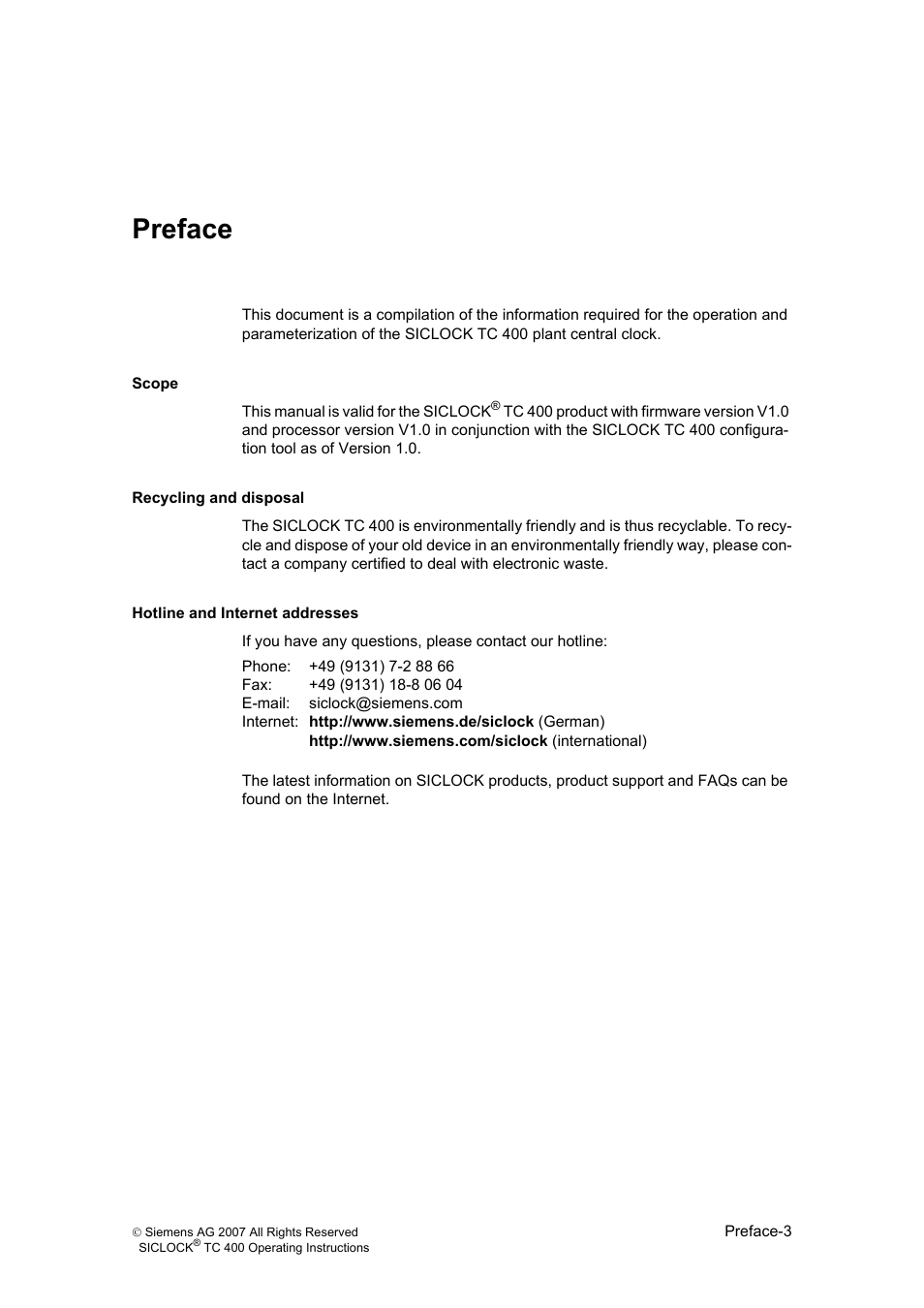 Preface, Preface, table of contents | Siemens SICLOCK TC 400 User Manual | Page 5 / 134