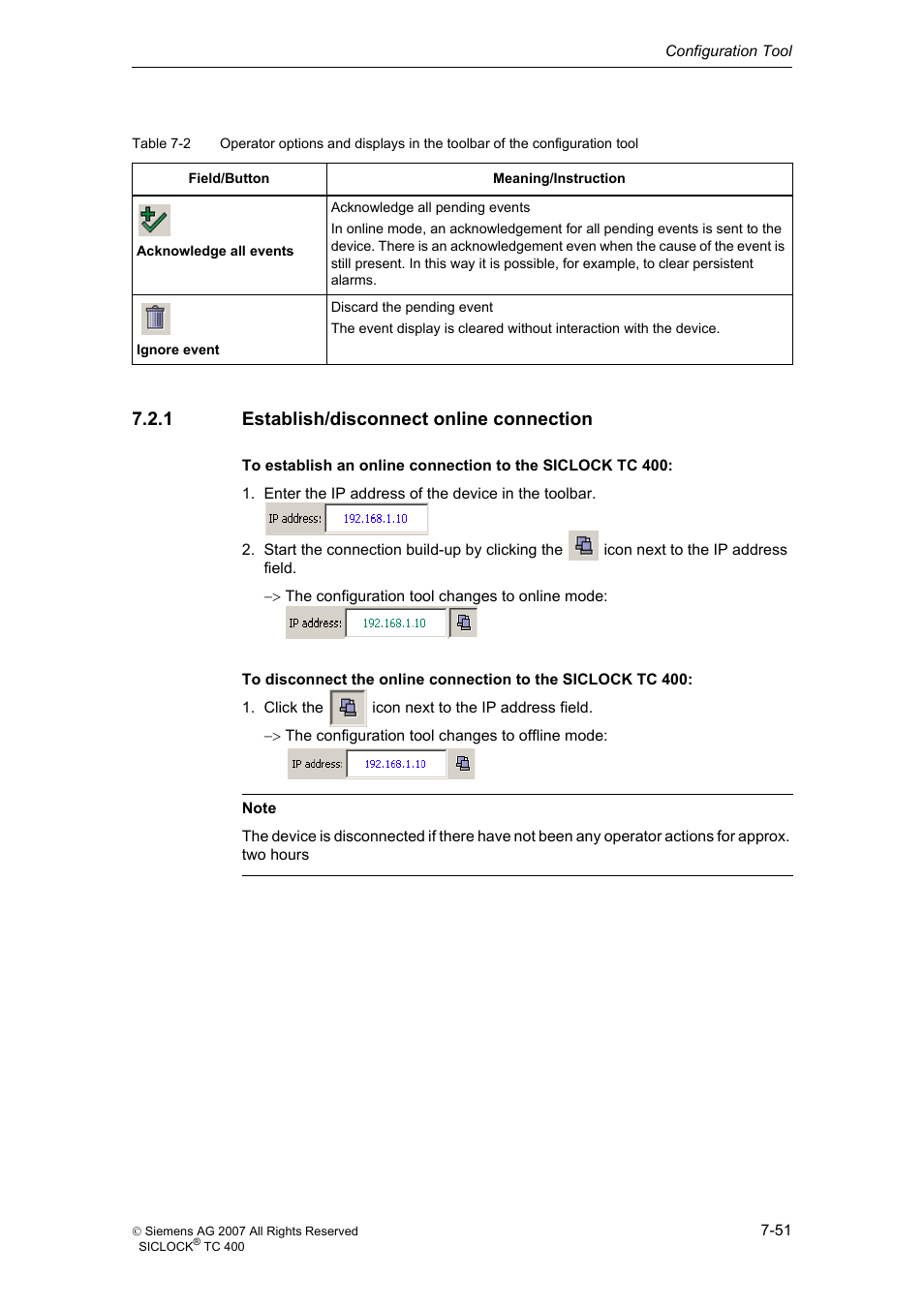 1 establish/disconnect online connection, Establish/disconnect online connection | Siemens SICLOCK TC 400 User Manual | Page 53 / 134