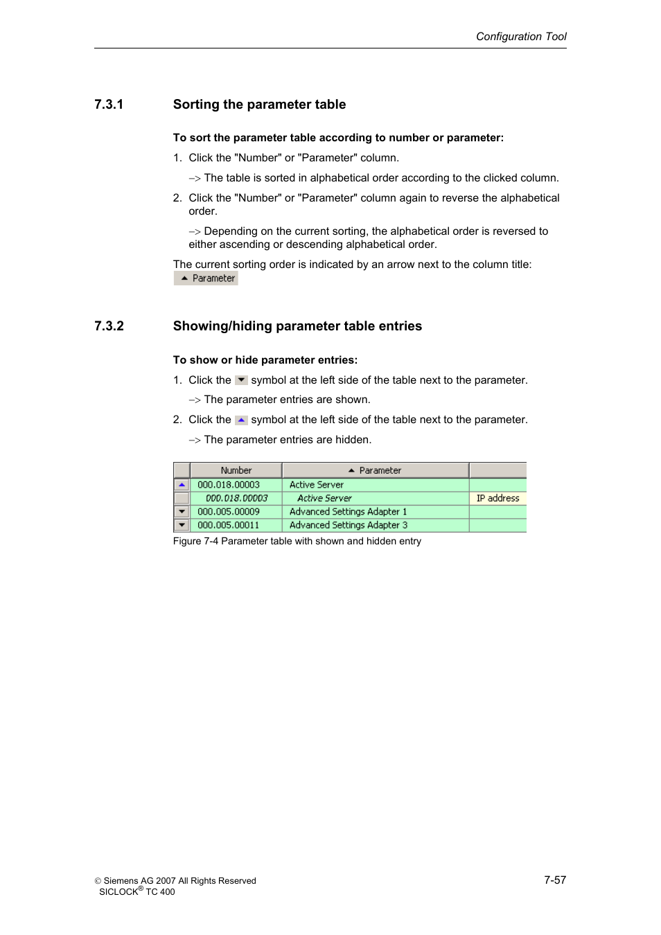 1 sorting the parameter table, 2 showing/hiding parameter table entries, Sorting the parameter table | Showing/hiding parameter table entries | Siemens SICLOCK TC 400 User Manual | Page 59 / 134