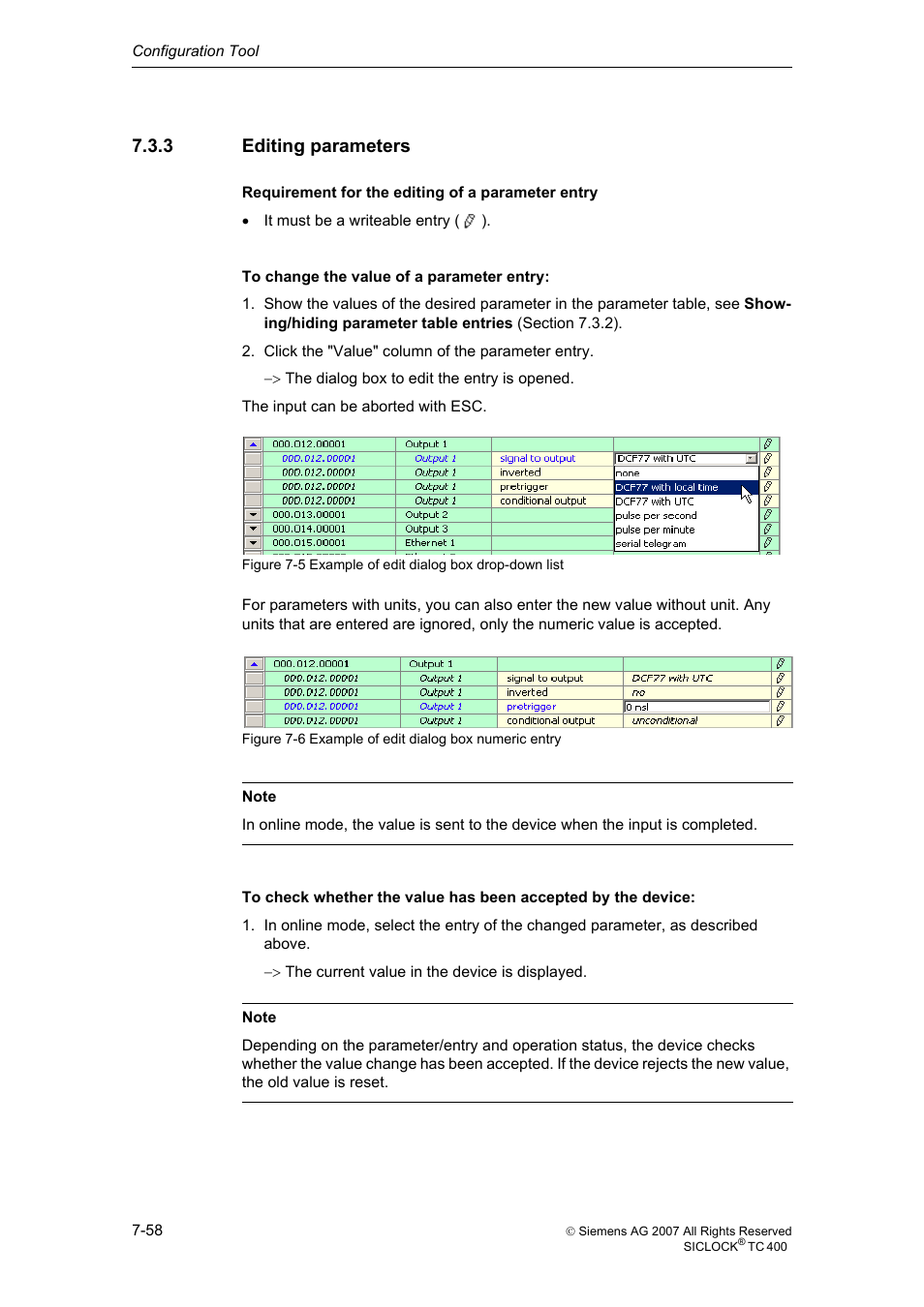 3 editing parameters, Editing parameters, E editing parameters (section 7.3.3) | Siemens SICLOCK TC 400 User Manual | Page 60 / 134