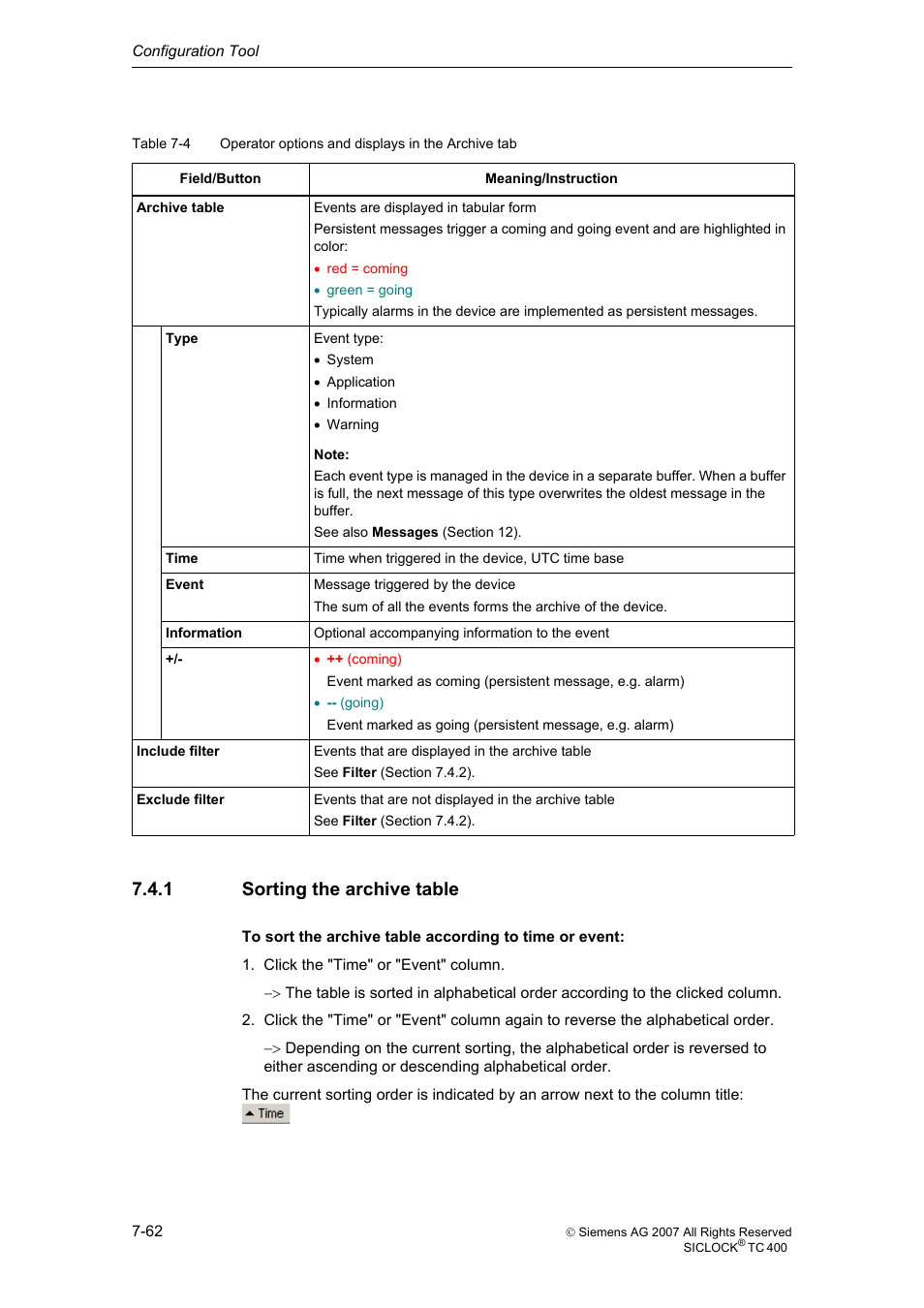 1 sorting the archive table, Sorting the archive table | Siemens SICLOCK TC 400 User Manual | Page 64 / 134