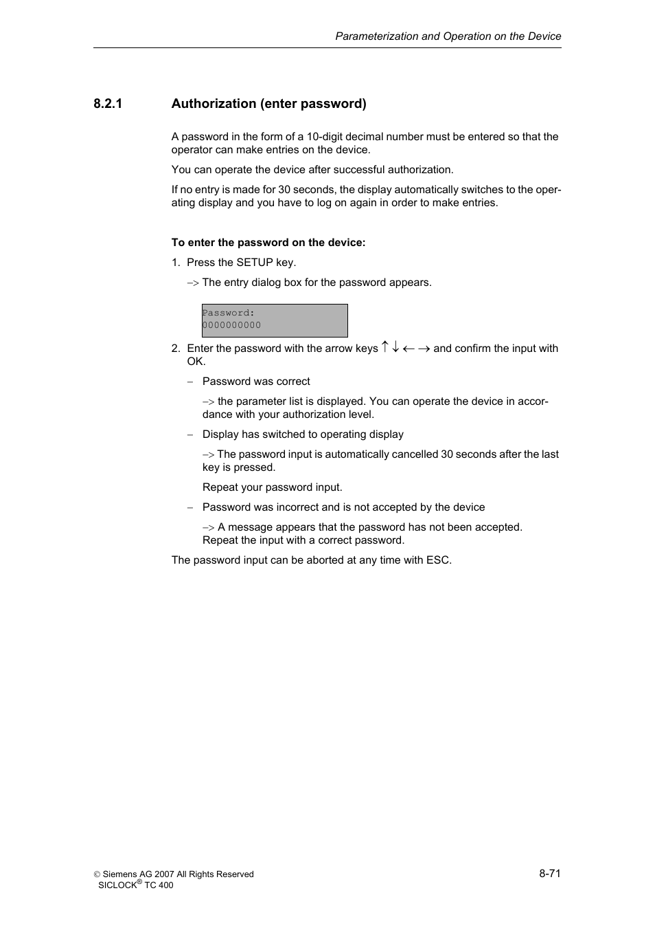 1 authorization (enter password), Authorization (enter password) | Siemens SICLOCK TC 400 User Manual | Page 73 / 134