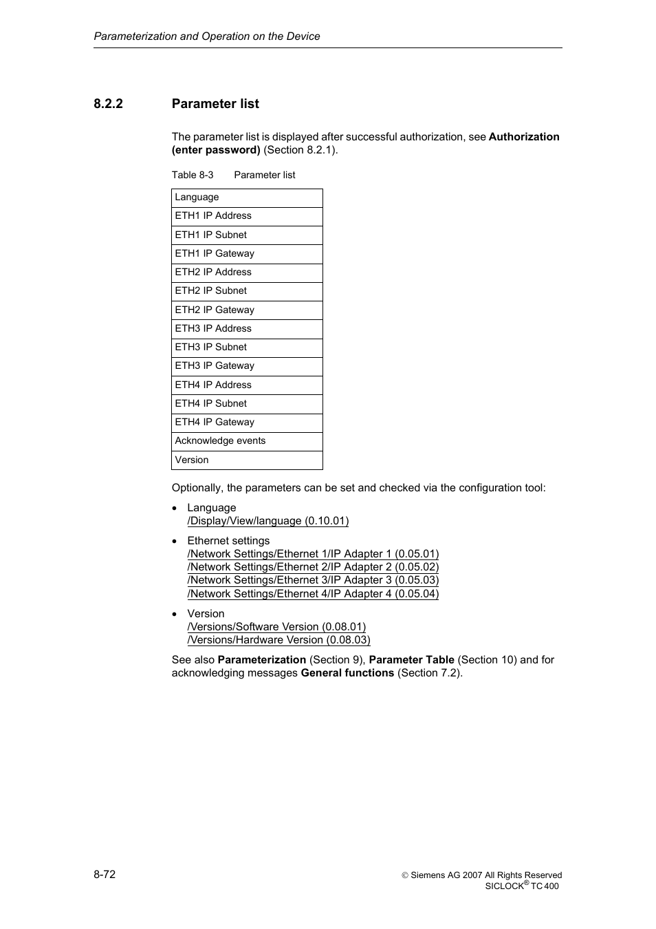 2 parameter list, Parameter list | Siemens SICLOCK TC 400 User Manual | Page 74 / 134