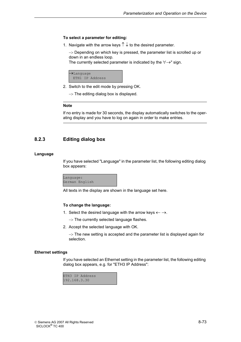 3 editing dialog box, Editing dialog box | Siemens SICLOCK TC 400 User Manual | Page 75 / 134