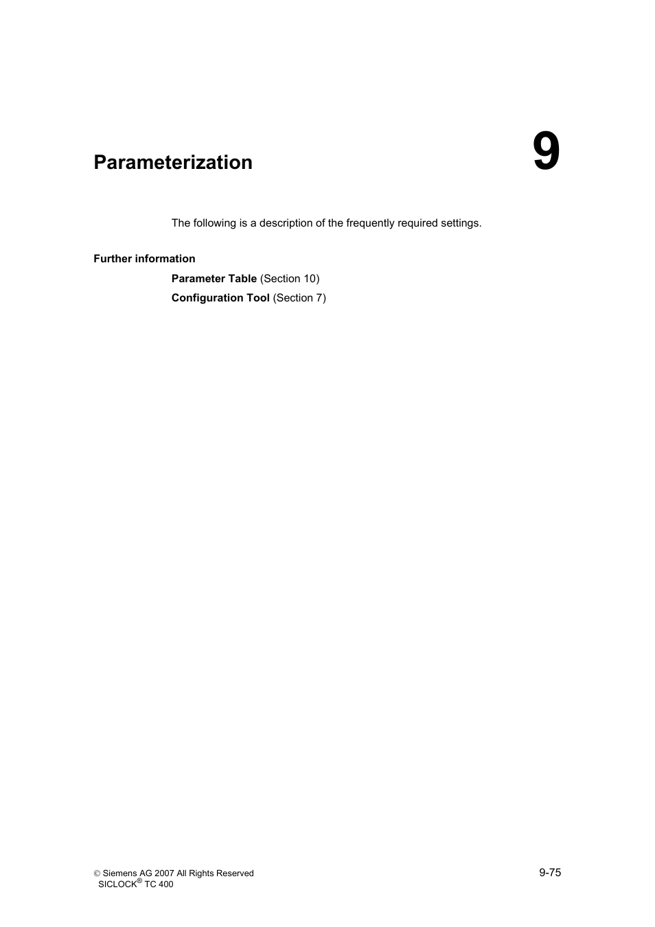 9 parameterization, Parameterization, Parameterization (section 9) | Siemens SICLOCK TC 400 User Manual | Page 77 / 134