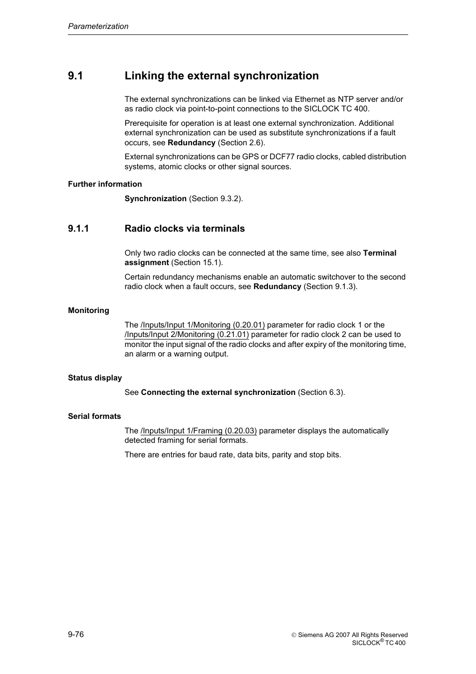 1 linking the external synchronization, 1 radio clocks via terminals, Linking the external synchronization | Radio clocks via terminals | Siemens SICLOCK TC 400 User Manual | Page 78 / 134