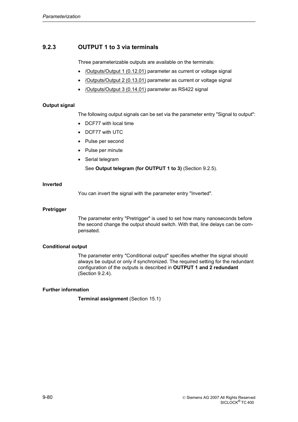 3 output 1 to 3 via terminals, Output 1 to 3 via terminals | Siemens SICLOCK TC 400 User Manual | Page 82 / 134