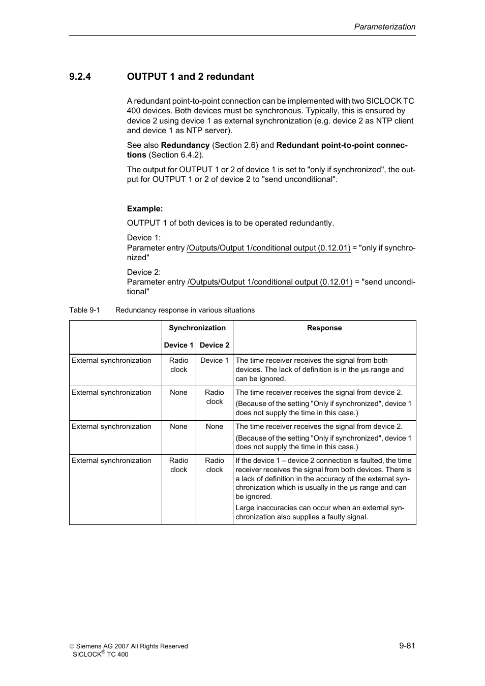 4 output 1 and 2 redundant, Output 1 and 2 redundant, Output 1 and 2 redundant (section 9.2.4) | Siemens SICLOCK TC 400 User Manual | Page 83 / 134