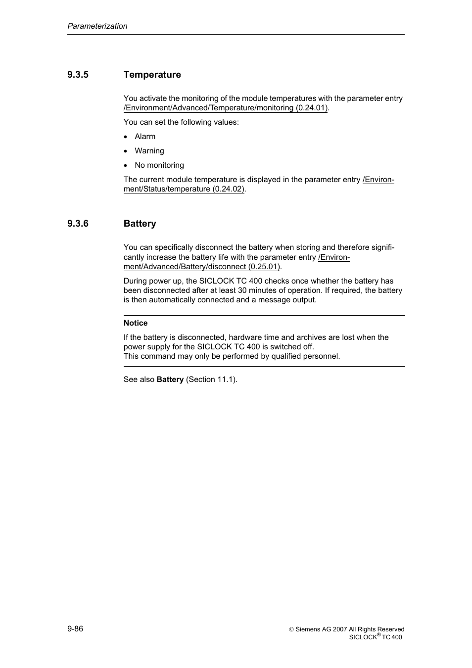 5 temperature, 6 battery, Temperature | Battery | Siemens SICLOCK TC 400 User Manual | Page 88 / 134