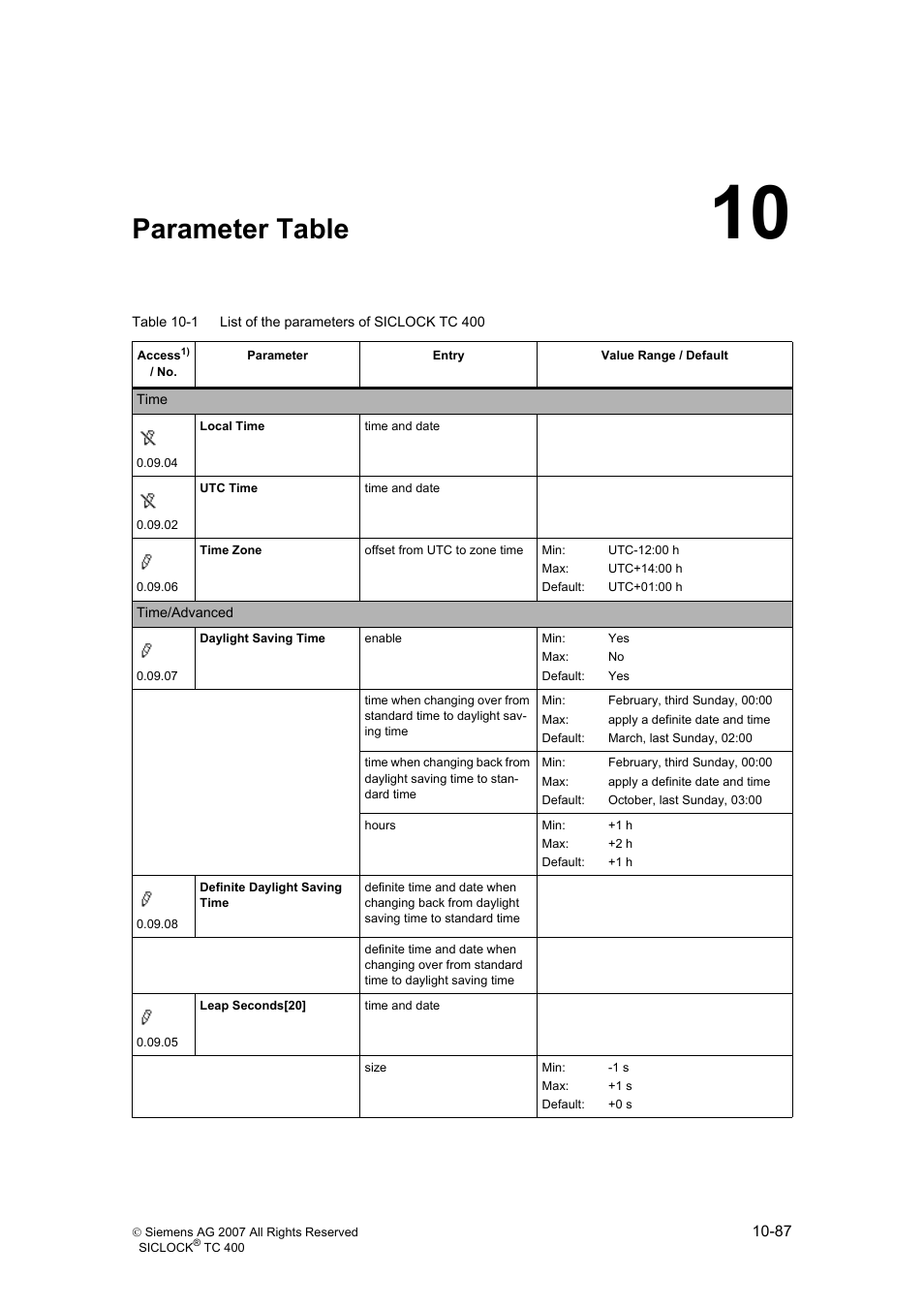 10 parameter table, Parameter table, Parameter table (section 10) | Parameter table (section 10) and | Siemens SICLOCK TC 400 User Manual | Page 89 / 134