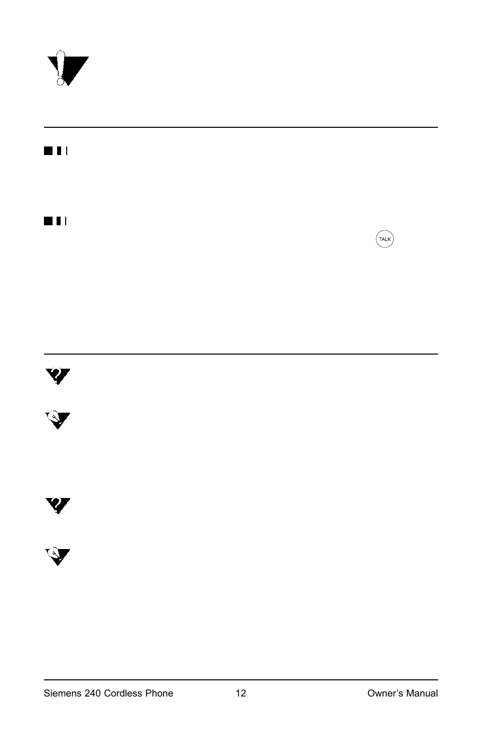 Warnings, Troubleshooting | Siemens Model 240 User Manual | Page 12 / 16