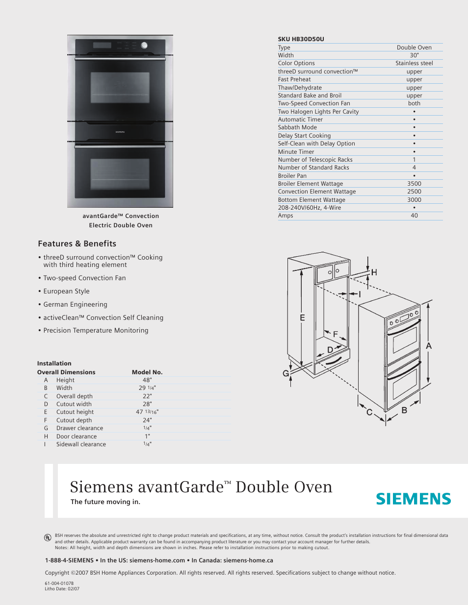 Siemens AVANTGARDE SKU HB30D50U User Manual | 1 page