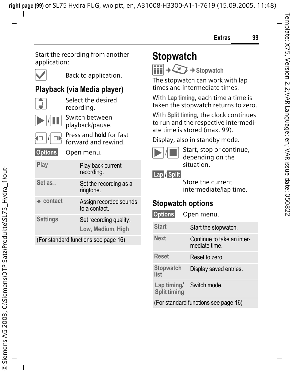 Stopwatch | Siemens SL75 User Manual | Page 100 / 139