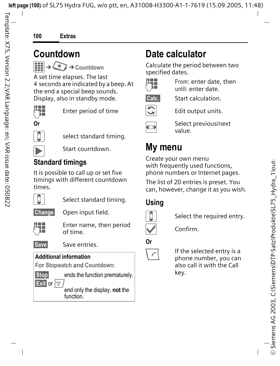 Countdown, Date calculator, My menu | Siemens SL75 User Manual | Page 101 / 139