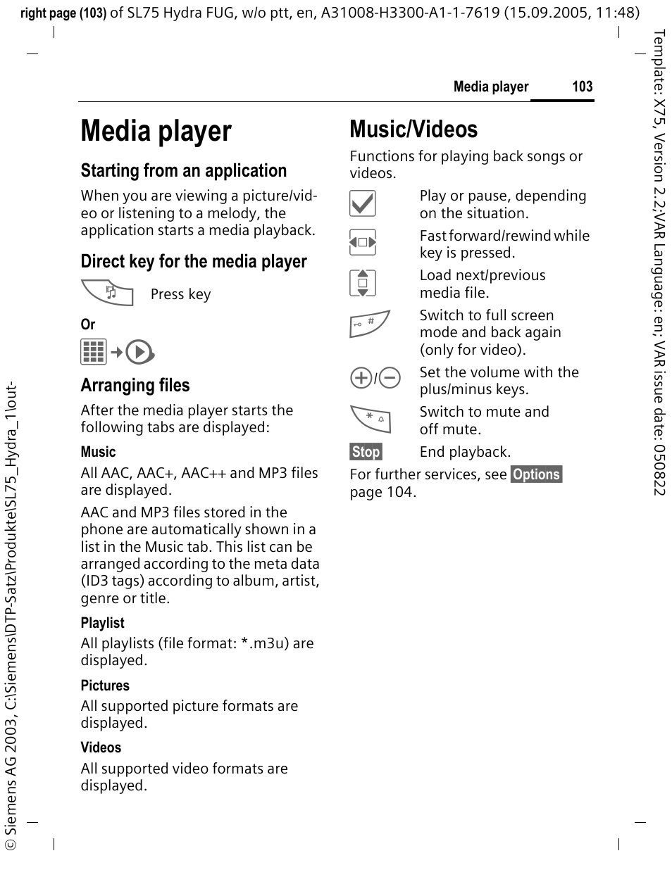 Media player, Music/videos | Siemens SL75 User Manual | Page 104 / 139