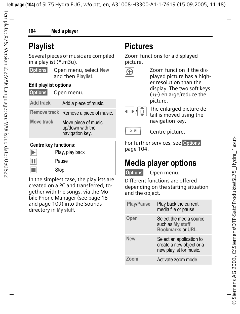 Playlist, Pictures, Media player options | Siemens SL75 User Manual | Page 105 / 139